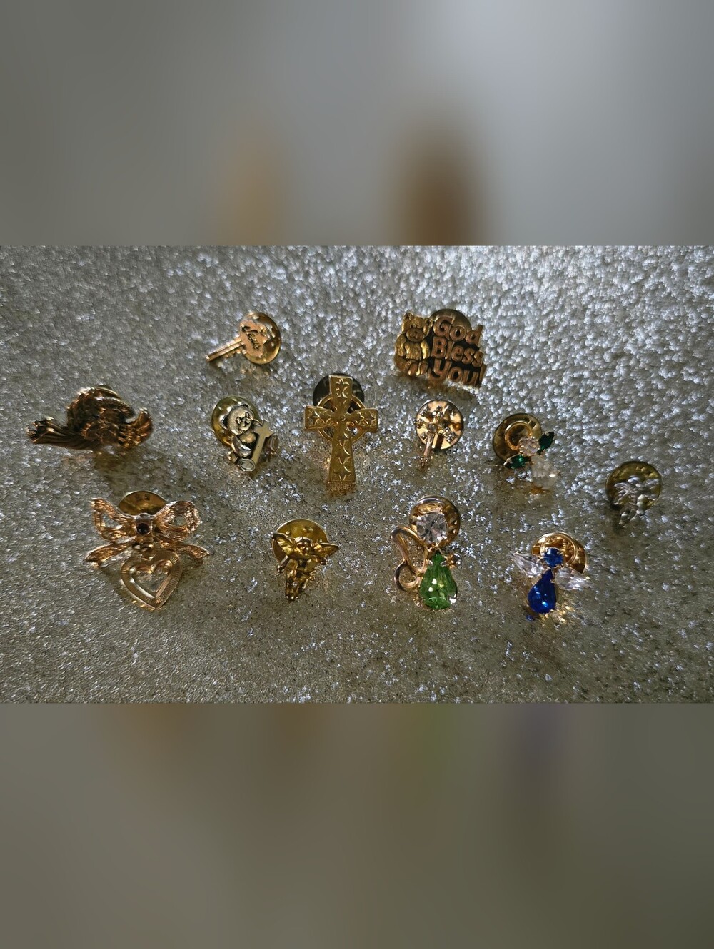 12 Religious CHRISTION Tie Tac Pin LOT Rhinstone Angel Jesus Teddy Bear